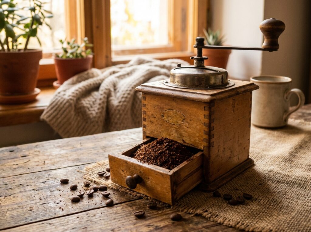 Petit tiroir ouvert d’un moulin à café ancien rempli de café moulu