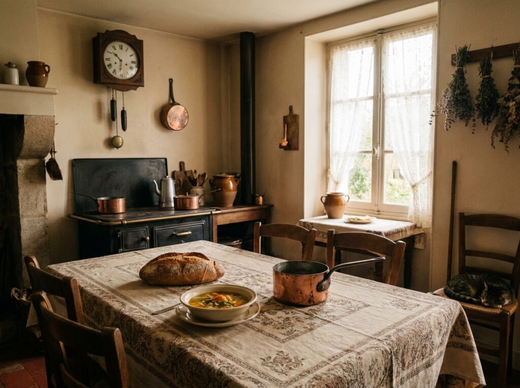 Cuisine d’autrefois avec table familiale, pain et soupe dans une ambiance chaleureuse.