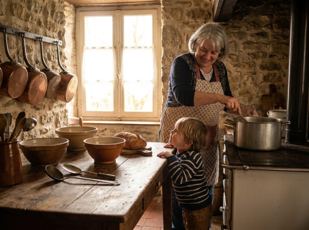 Grand-mère préparant un repas dans une cuisine d’autrefois avec un enfant à ses côtés.