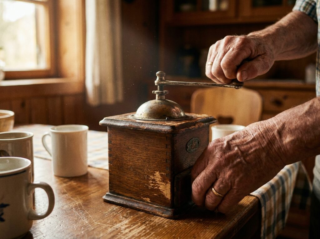 Main tournant la manivelle d’un vieux moulin à café manuel