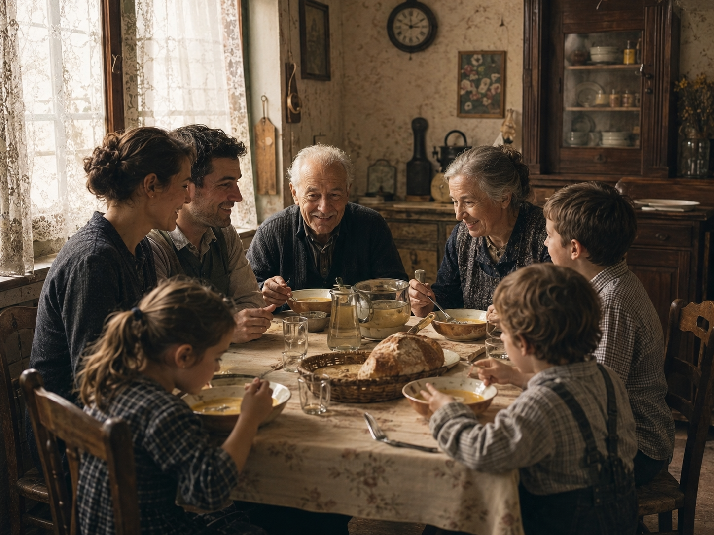 Famille réunie dans une maison d’autrefois, souvenir chaleureux de comment vivaient les familles autrefois.